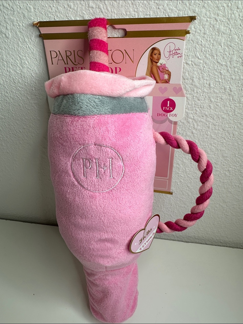 Paris Hilton Pink Plush Shake Dog Toy with Striped Rope Handle